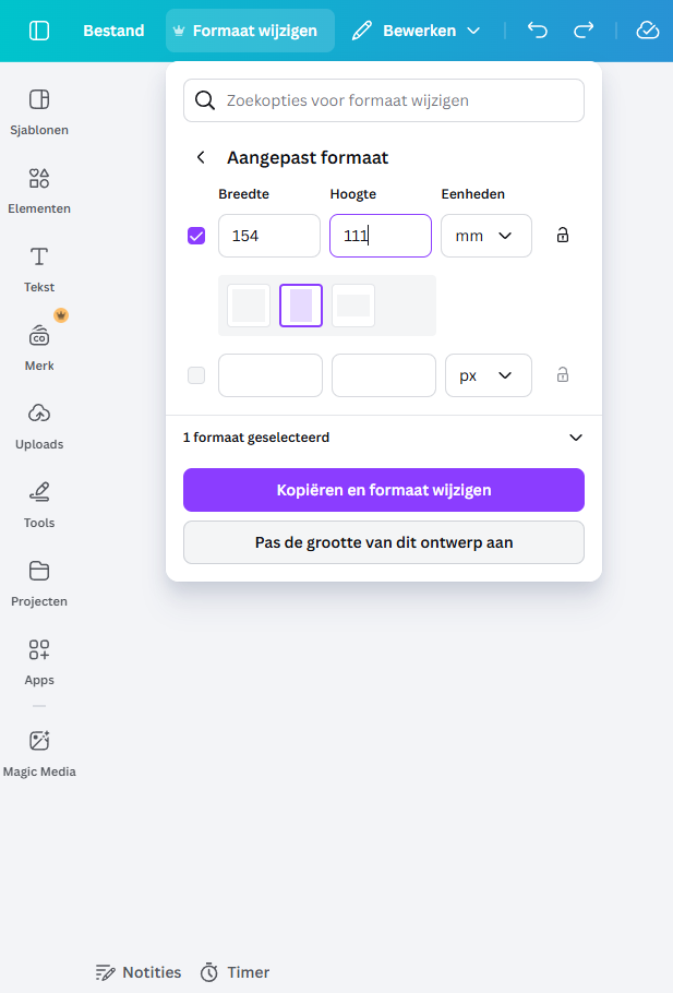 Formaat wijzigen in Canva Pro: Stap 3 en 4
