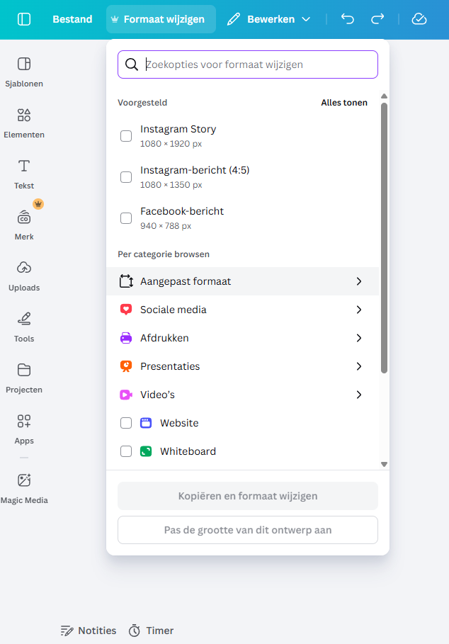 Formaat wijzigen in Canva Pro: Stap 1 en 2